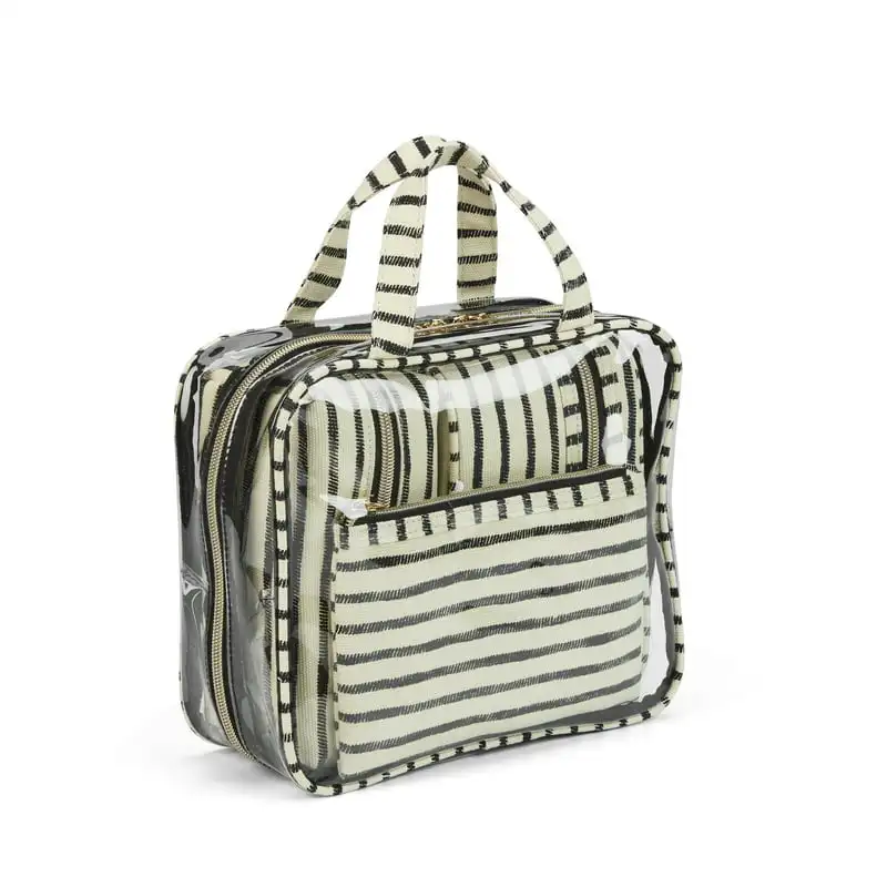 Fashionable 4-Piece Stripe Canvas Organizer Bag Set for Makeup, Toiletries and Accessories - Includes Flat Zipper Pouch, Train C