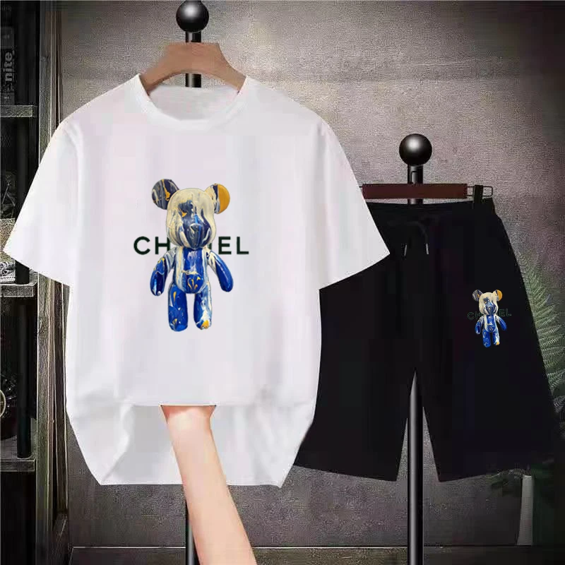 2023 New Summer Men T Shirts Suit Fluid Bear Letter Print Shorts Sets 2 Piece Outfits Sets  Cotton High Quality Free Shipping