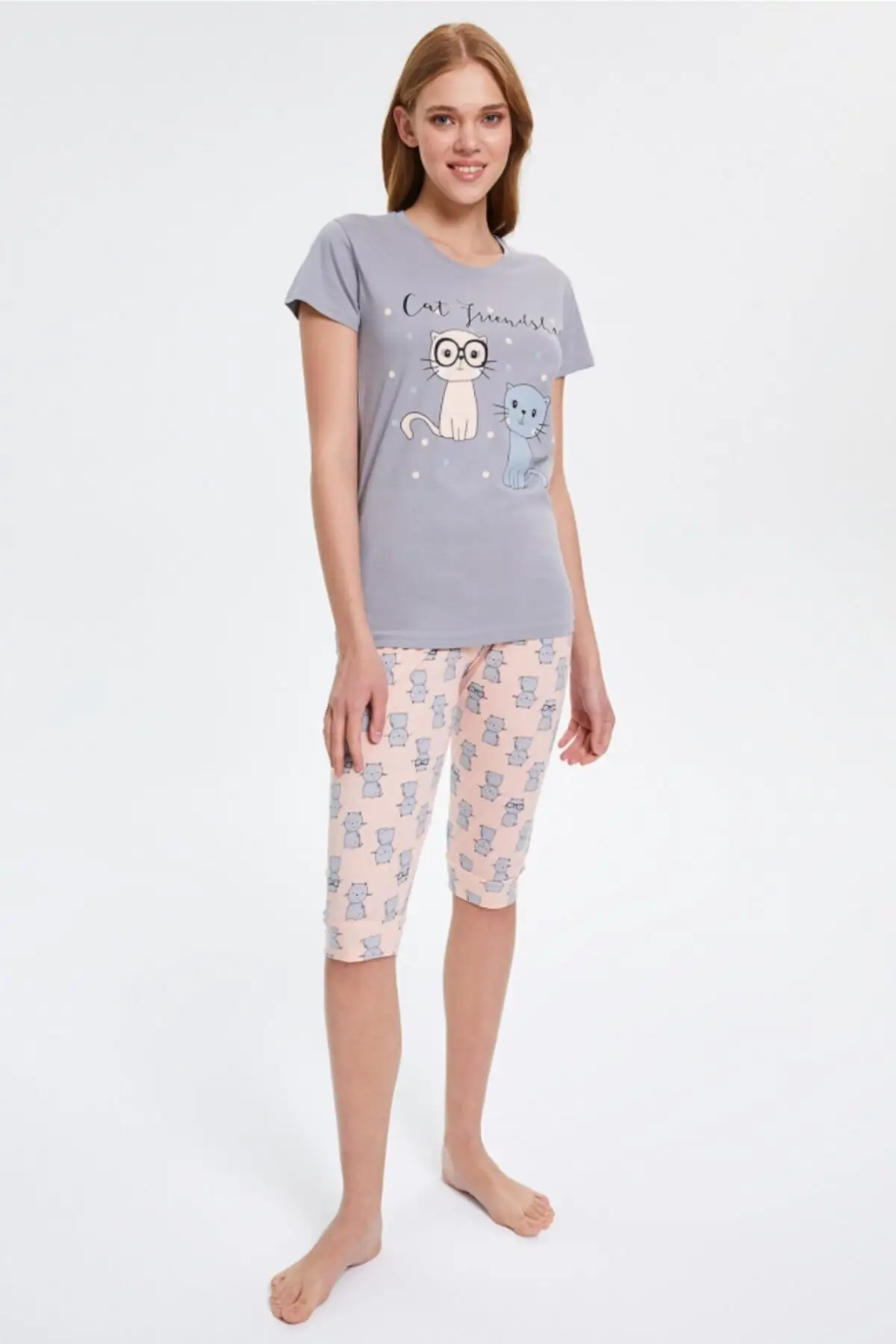 

Women's Pajamas Gray Cat Patterned Capri Sleep Lounge Pajamas Nightwear Nightwear Nightwear Nightwear Casual Home Clothing