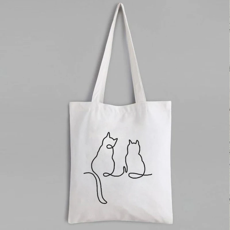 

One Line Cats Tote Bag Canvas Fashion Art Large Canvas Bags Cartoon Reusable Shopping Bag Custom Logo Reusable