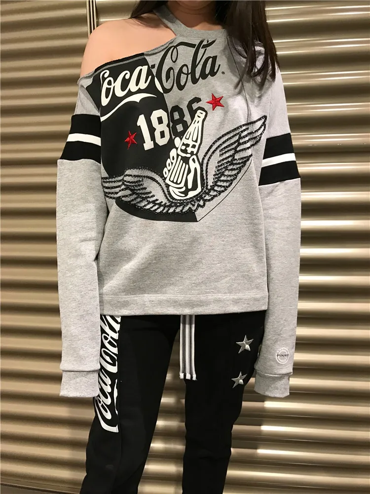 

Coca Cola new fashion women's sweater personality sexy sweater tassel Decal cut off off off shoulder sweater