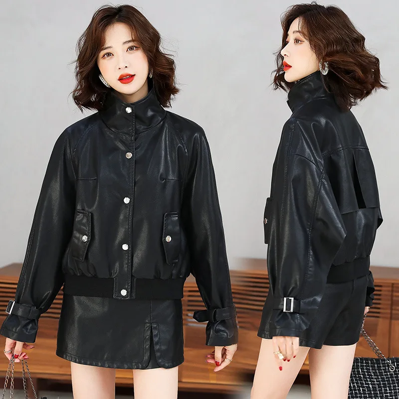 

Short locomotive leather jacket women's genuine leather 2022 new European station slim pu vintage jacket spring and autumn