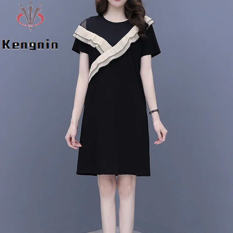 

Женские платья-футболки средней длины, новинка 2022, летнее черное платье в стиле пэчворк с оборками, женские платья, свободное женское платье...