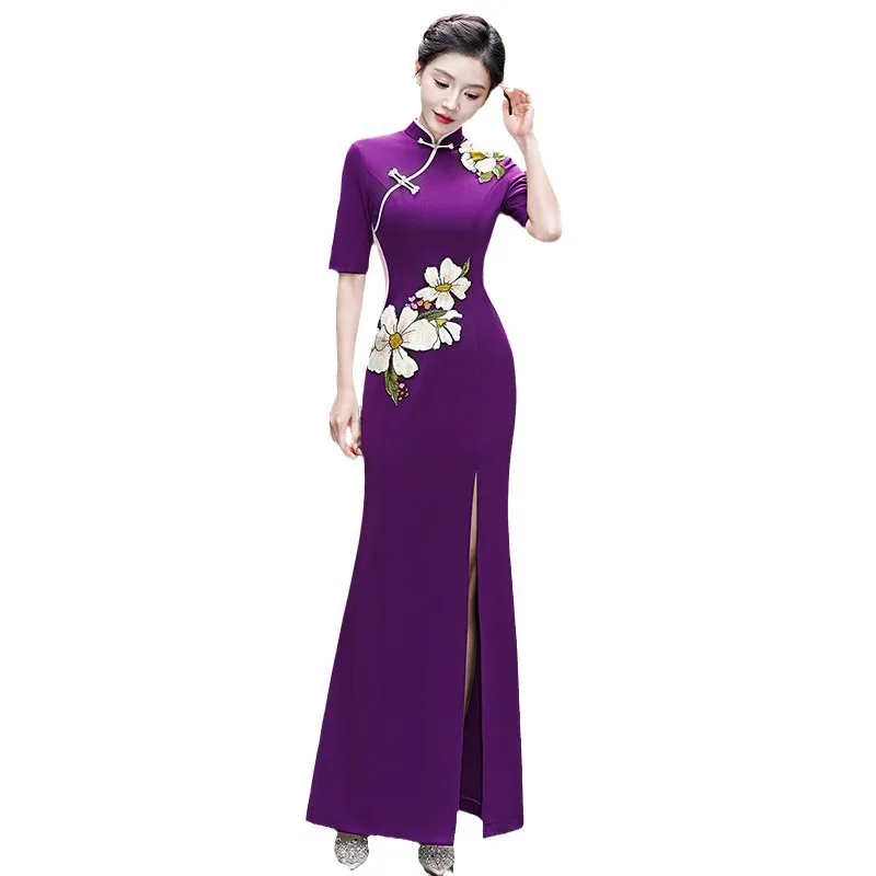Длинное платье-русалка Cheongsam с фиолетовым принтом модное утягивающее платье