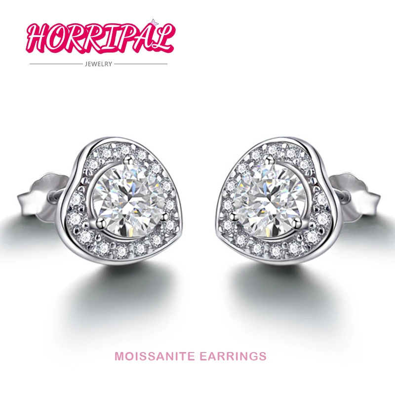 

HORRIPAL D VVS1 Heart Shape Moissanite Ear Studs Shine like Diamond Pass Tester 100% with GRA S925 Sliver Earrings for Women