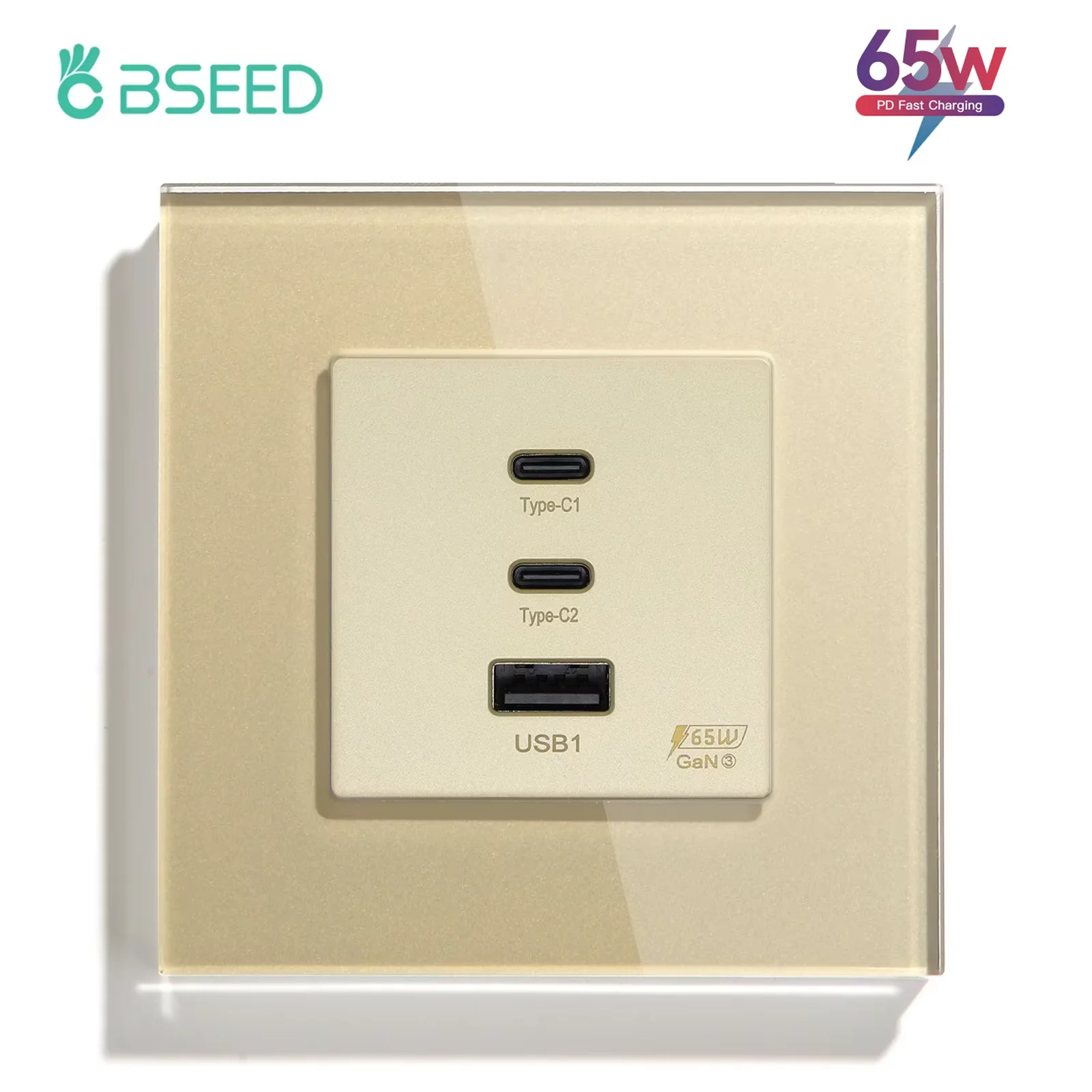 

Розетки BSEED Электрические розетки плюс двойные USB-порты Type-c для быстрой зарядки 65 Вт 3 А Стеклянная рамка Стандарт ЕС Встроенная настенная панель