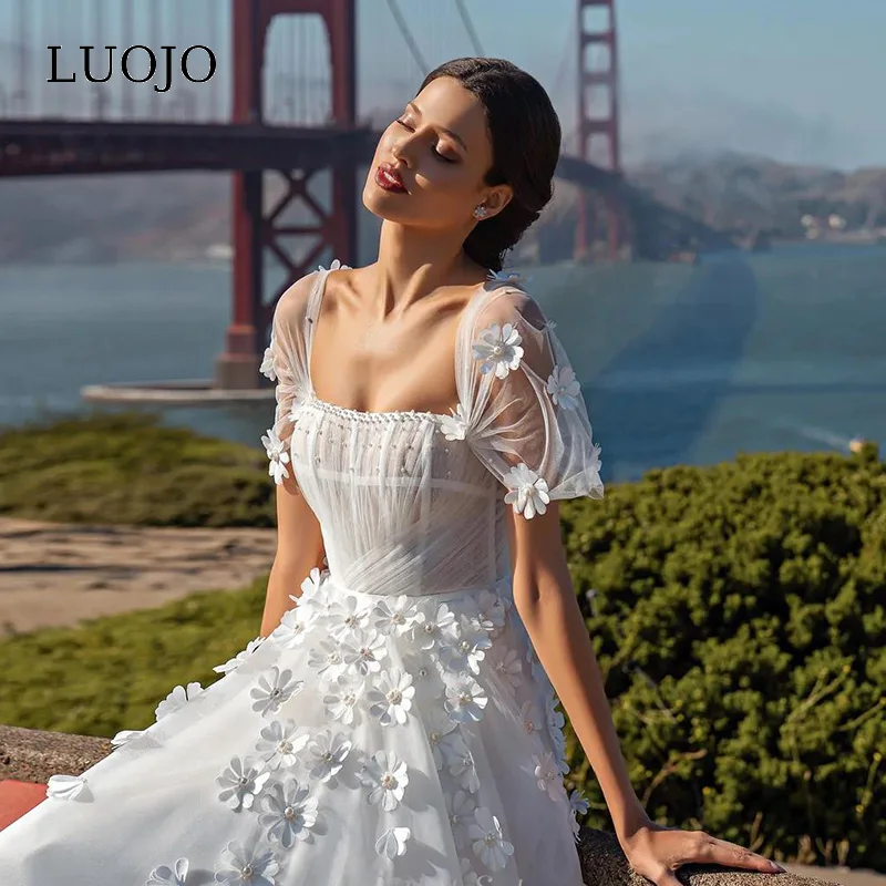 

LUOJO Strapless 3D Flowers Wedding Dress A-line Corset Back Off the Shoulder vestidos de novia Floor-length robe de mariée 2023