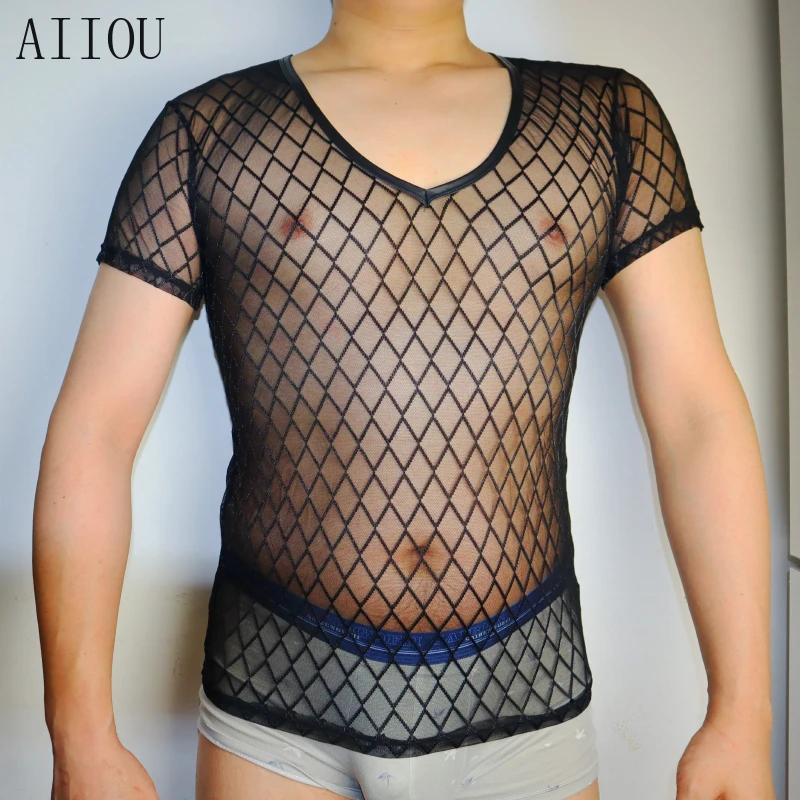 

AIIOU Mens Undershirt Gay Sexy Clothing Mesh Fishing Net Transparent Sheer Fetish Wear Short Sleeves Homme T Shirts Clubwear