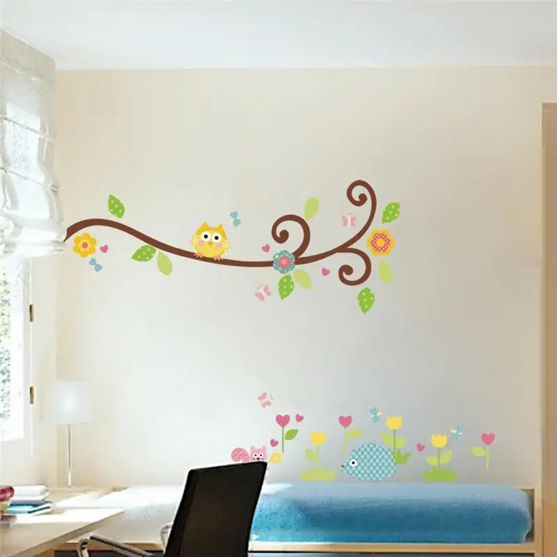 

Owls Tree Branch Flowers Vine Wall Stickers Kids Bedroom Decorations Nursery Cartoon Children Decal Diy Animal Wall Mural Art