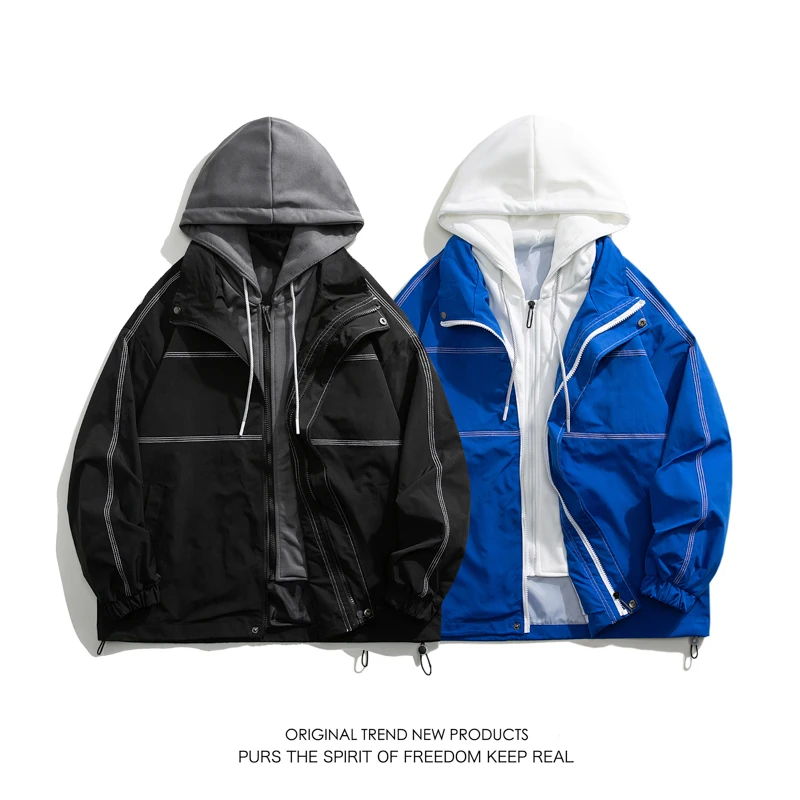 

Spring New Mock Two-Piece Plaid Color Block Hooded Men's Jacket Loose-Fit Plus Size Male Casual Tops Coat Size M-3XL JK60014