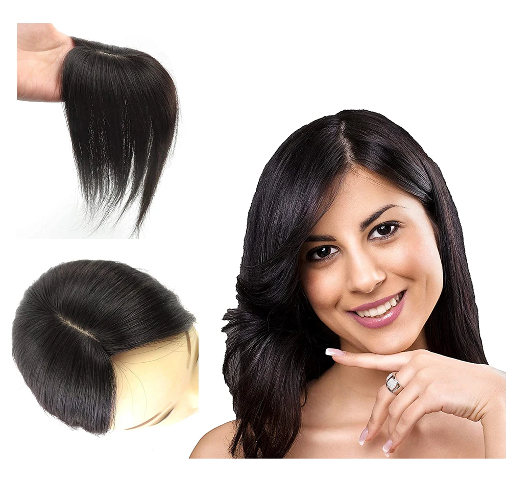 100%Human Hair Clip in Hair For Women Toupee Brazilian Hair Toupee for Women 12inch Short Mid Part Straight Hairpiece Silk Base