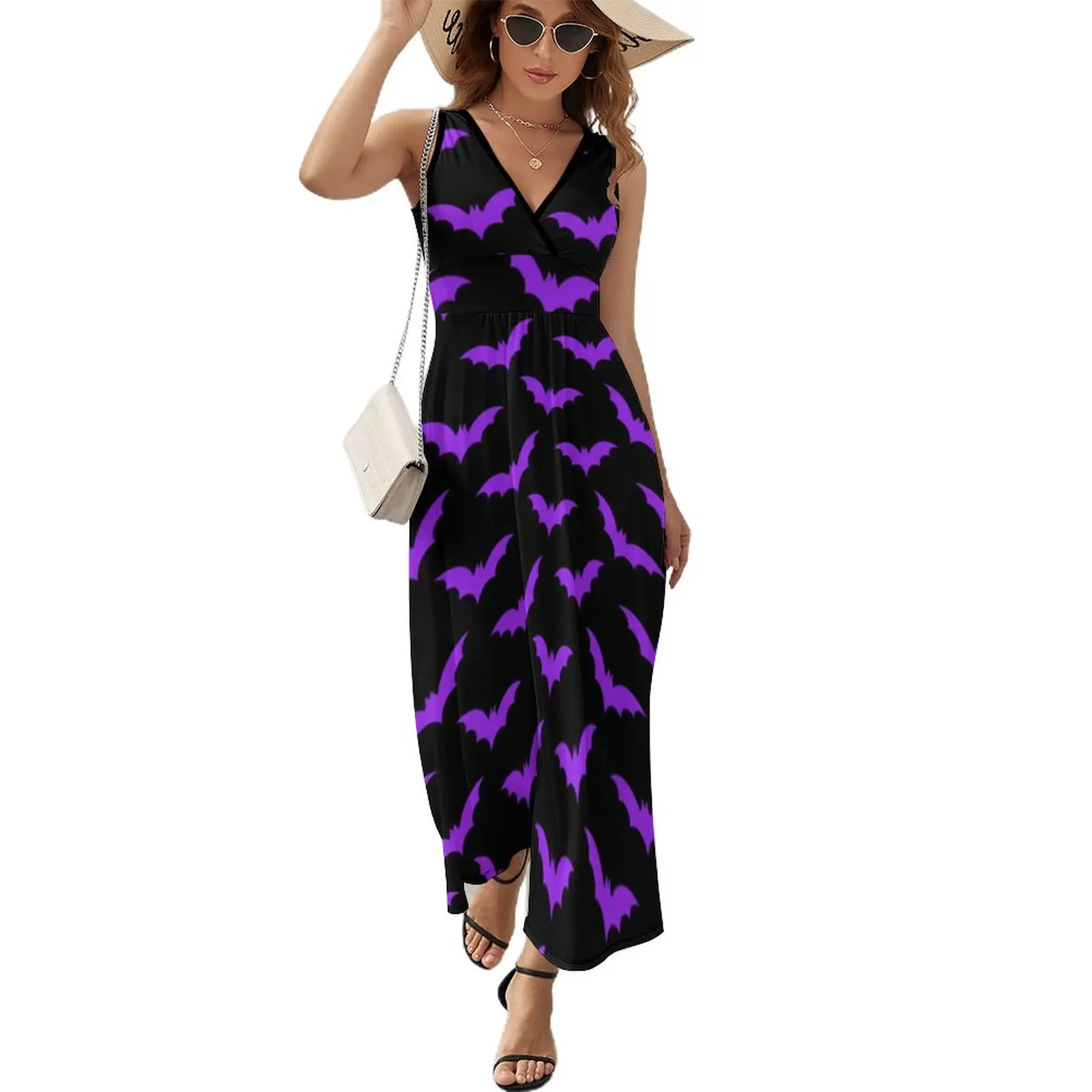 

Halloween Bats Dress Black Purple Bats Vintage Maxi Dress V Neck Graphic Boho Beach Long Dresses Street Wear Big Size Vestido
