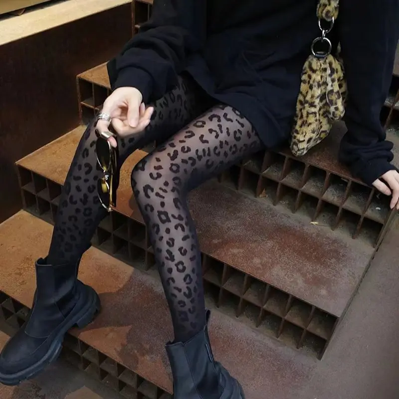Mesh Tights Women Pantyhose Fishnet Stockings Designer Tights Leopard Print Black Net Tights With Pattern Sexy Stockings Woman images - 2