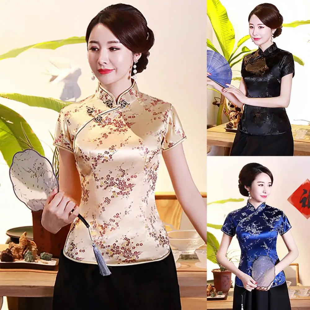 

Blouse Women Slim Buttons Chinese Plum Blossom Short Sleeve Stand Collar Shirt