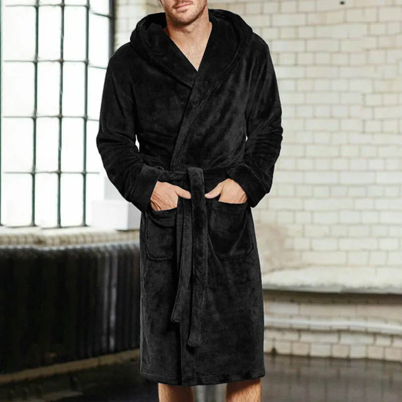 Helisopus Autumn and Winter Men's Winter Warm Bathrobe Thickened Plush Shawl Bathrobe Loungewear Long-sleeved Robe Jacket