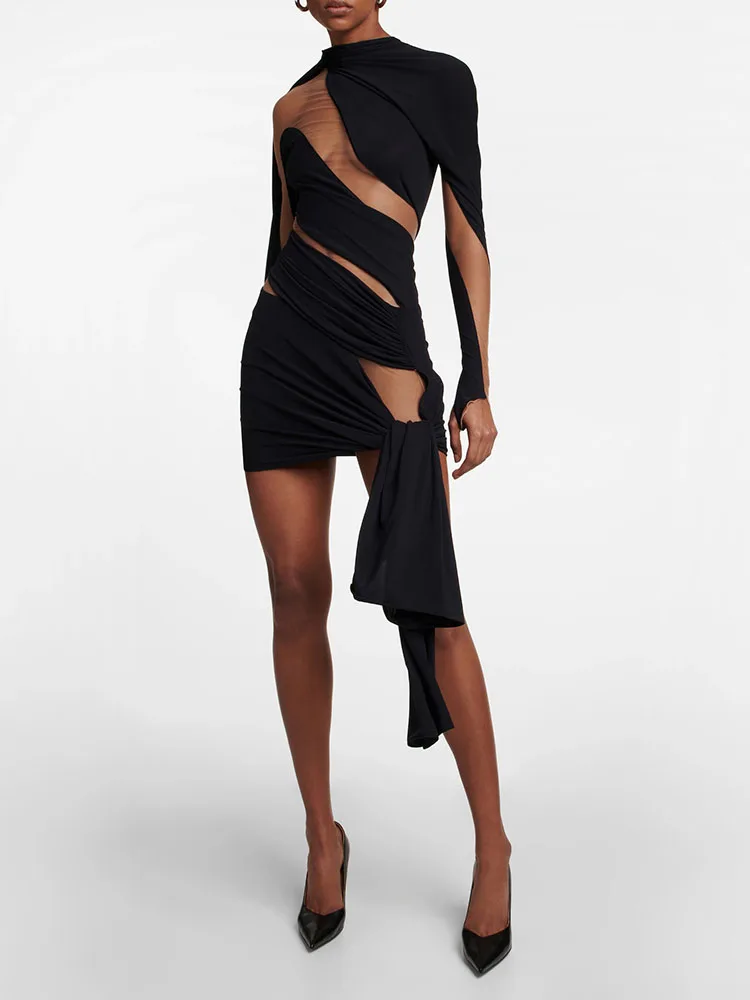 

Летнее женское платье с длинным рукавом Y2k, эластичное Сетчатое платье с длинными рукавами, модное пикантное тонкое облегающее платье с вырезами, 2023