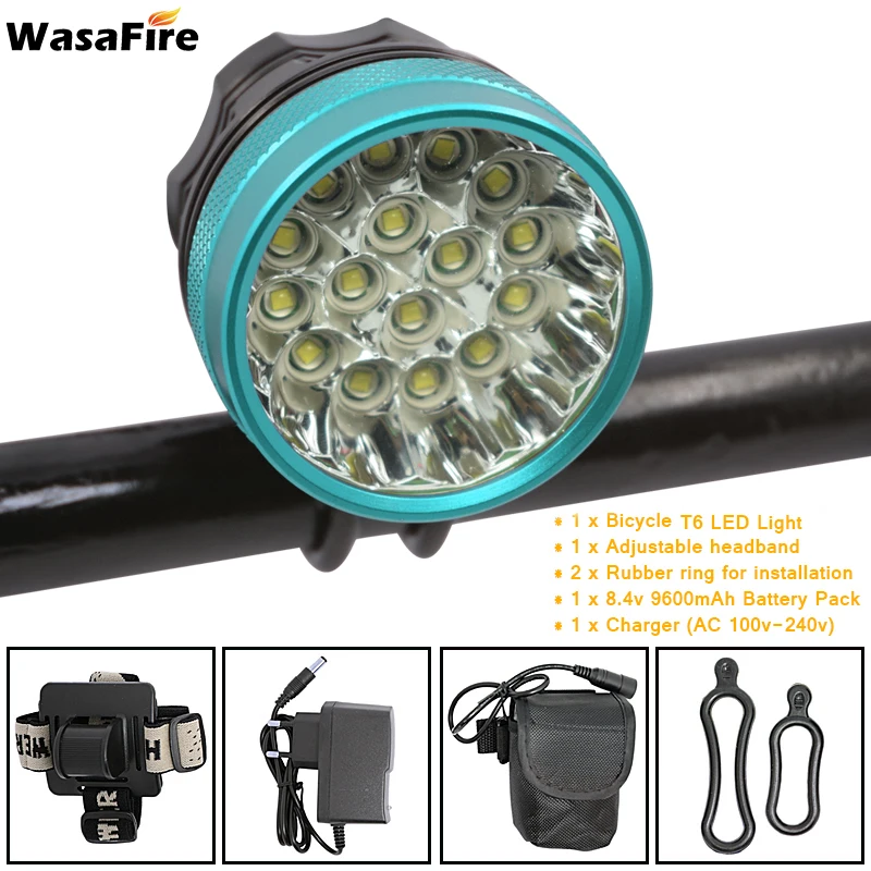 

WasaFire 40000lm Bicycle Light 16 LEDs XML-T6 Bike Light Cycling Front Head Lamp MTB Headlight + 9600mAh Battery Pack + Charger