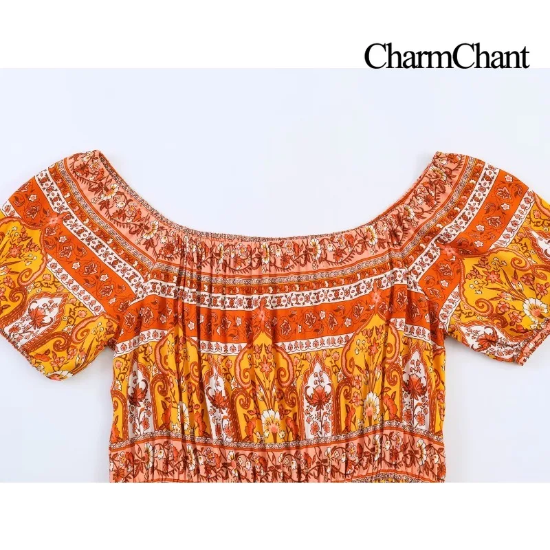 Фото Женское макси-платье CHARMCHANT с открытыми плечами, пышными рукавами, богемным цветочным принтом, многоярусное, с эластичной талией, пляжное, длинное, лето 2026 №4