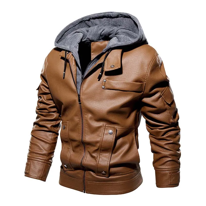 

Men Biker Fashion Leather Jackets Fleece Lined Motorycle Outwear Coats Removal Hat Plus Size L-5XL Windbreak