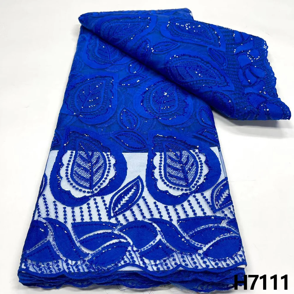 

Royal Blue Nigerian Tulle Lace Fabric With Sequins 2022 3D Chiffon Embroidery Mesh Lace Fabric For Women Dress Sewing HJ7111