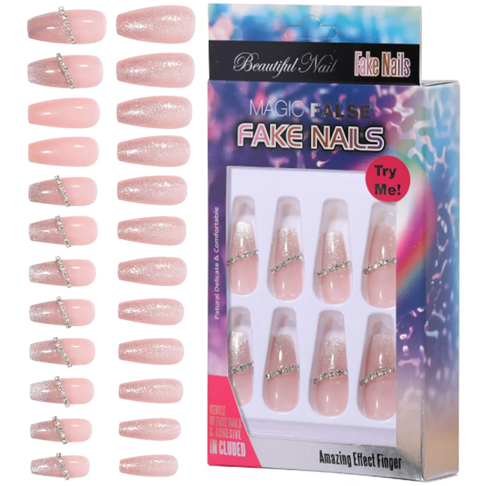 

Wearable False Nails 24pcs French Flash Diamond Crystal Long Glossy Coffin Flash Fake Nails Acrylic Ballet French White