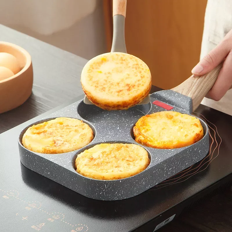 

2022New 4 Holes Egg Frying Pan Kitchen Tools Hamburger Nonstick Pot High Quality Wood Grain Handle Cooking Saucepan Cookware