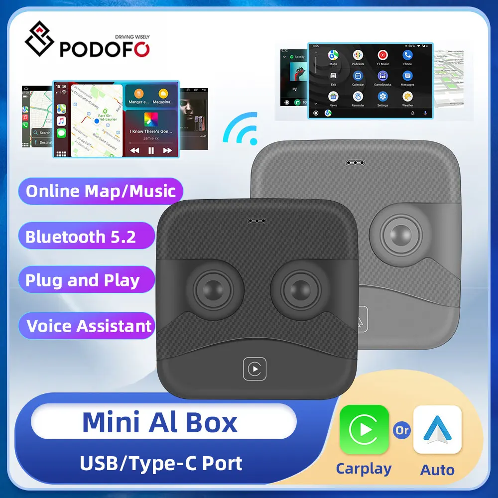 

Podofo Android Auto Wireless Dongle Wired to Wireless Apple CarPlay Ai Box Wireless Dongle Activator For Audi Toyota USB/Type-C