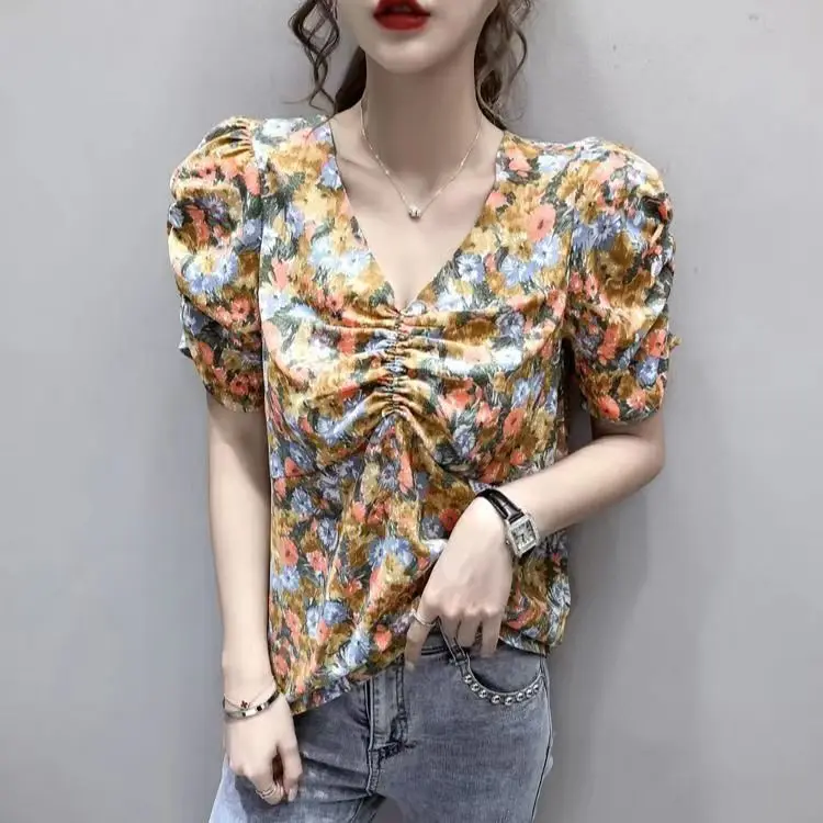 

Floral Chiffon Tops Women's Bubble Sleeves Summer New Fashion Casual Loose V-neck Short Sleeve Tops