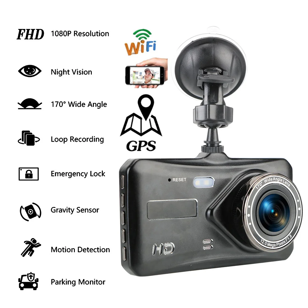 

Автомобильный видеорегистратор Wi-Fi Full HD 1080P, видеорегистратор с камерой заднего вида, видеорегистратор с черным корпусом и функцией ночного видения, Автомобильный видеорегистратор, автомобильная камера, GPS-трекер