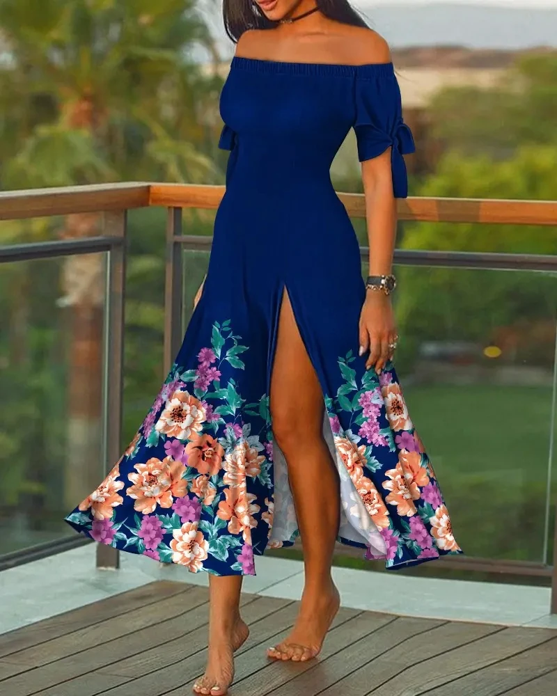 

Summer Blue Floral Print Off Shoulder High Slit Dress