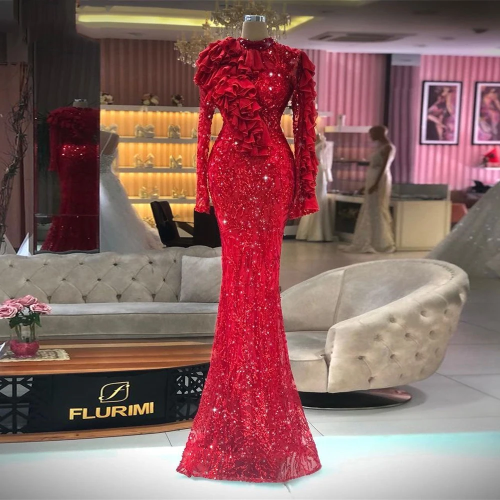 

GUXQD Arabic Evening Dress Ruffles Mermaid Tulle Prom Gowns Sparkly Rhinestones Beaded Party Dress Abendkleider Dubai Vestido