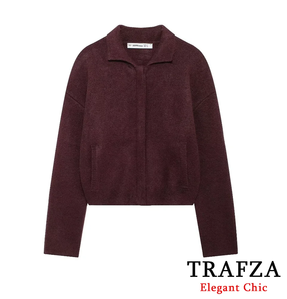 Женская винтажная трикотажная куртка TRAFZA бордовая на молнии с отложным