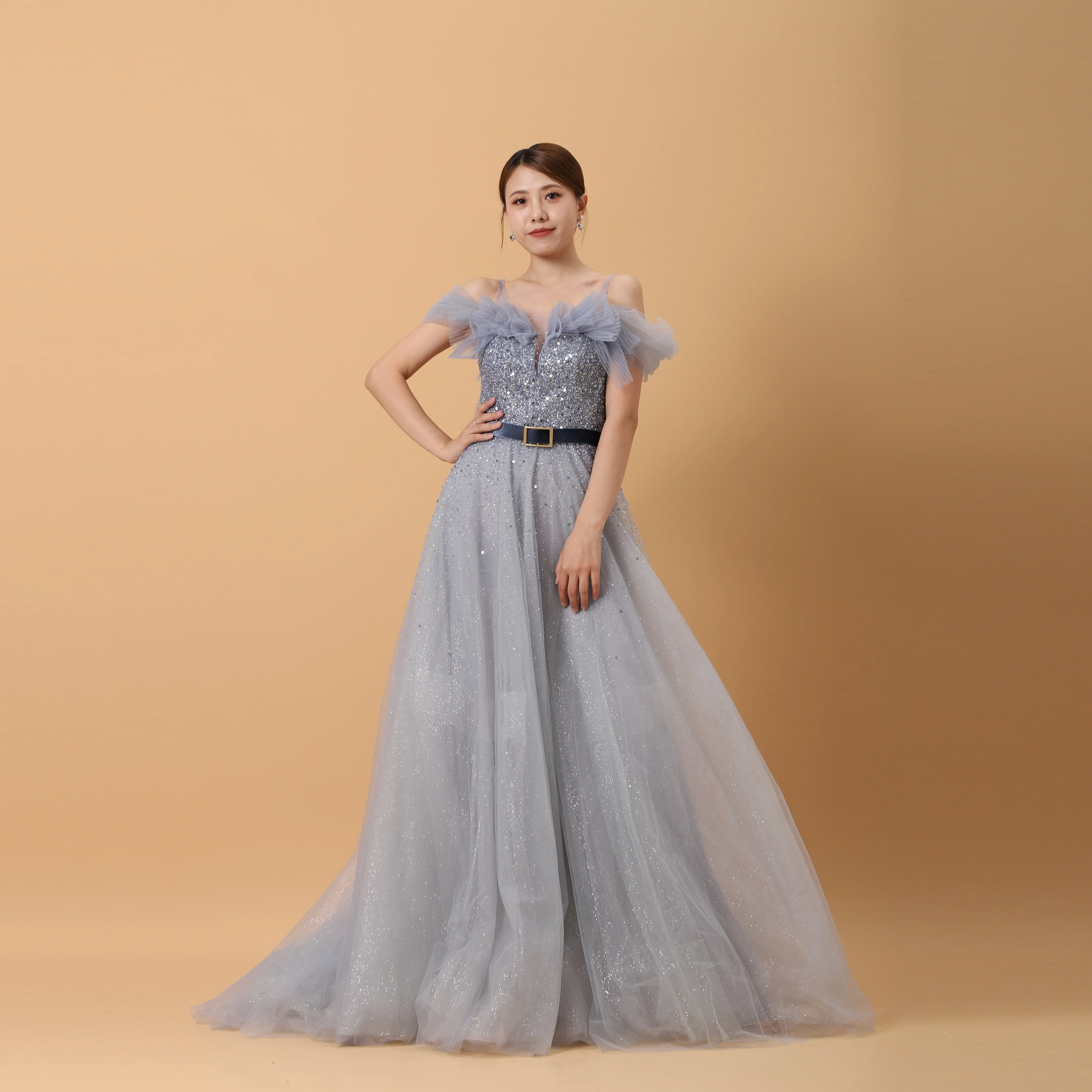 

Luxury Sequined Off Shoulder Sleeves Host Dress Formal Dress Partydresses For Girls Engagement Gowns With Diamond Handmade