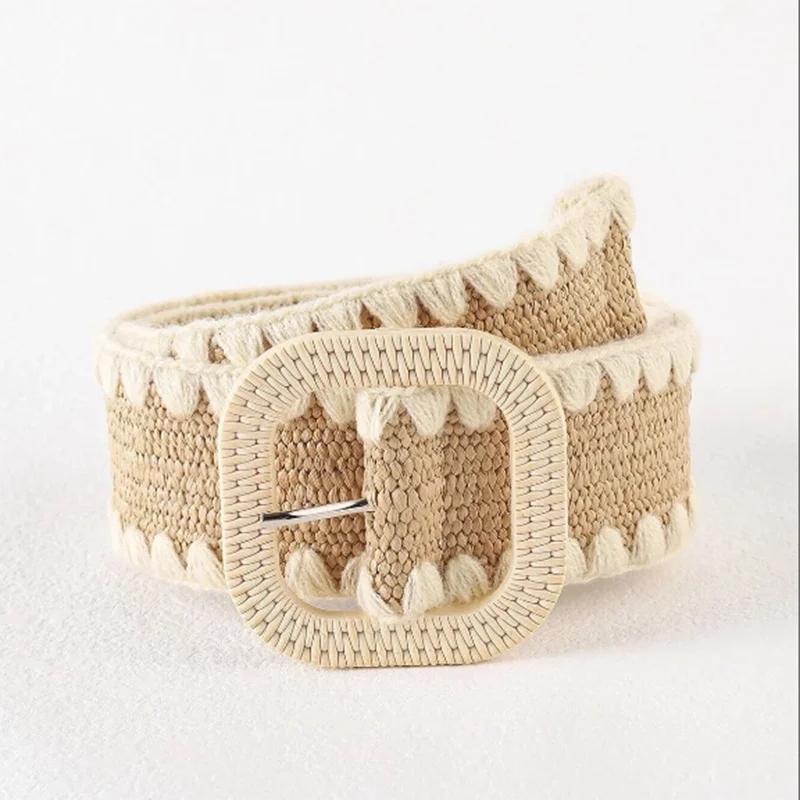 CONTRAST BINDING STRAW BELT for Women Contrast Square Buckle Beige Straw Belt Two Tone Summer Clothing Accessories Boho Chic Gif