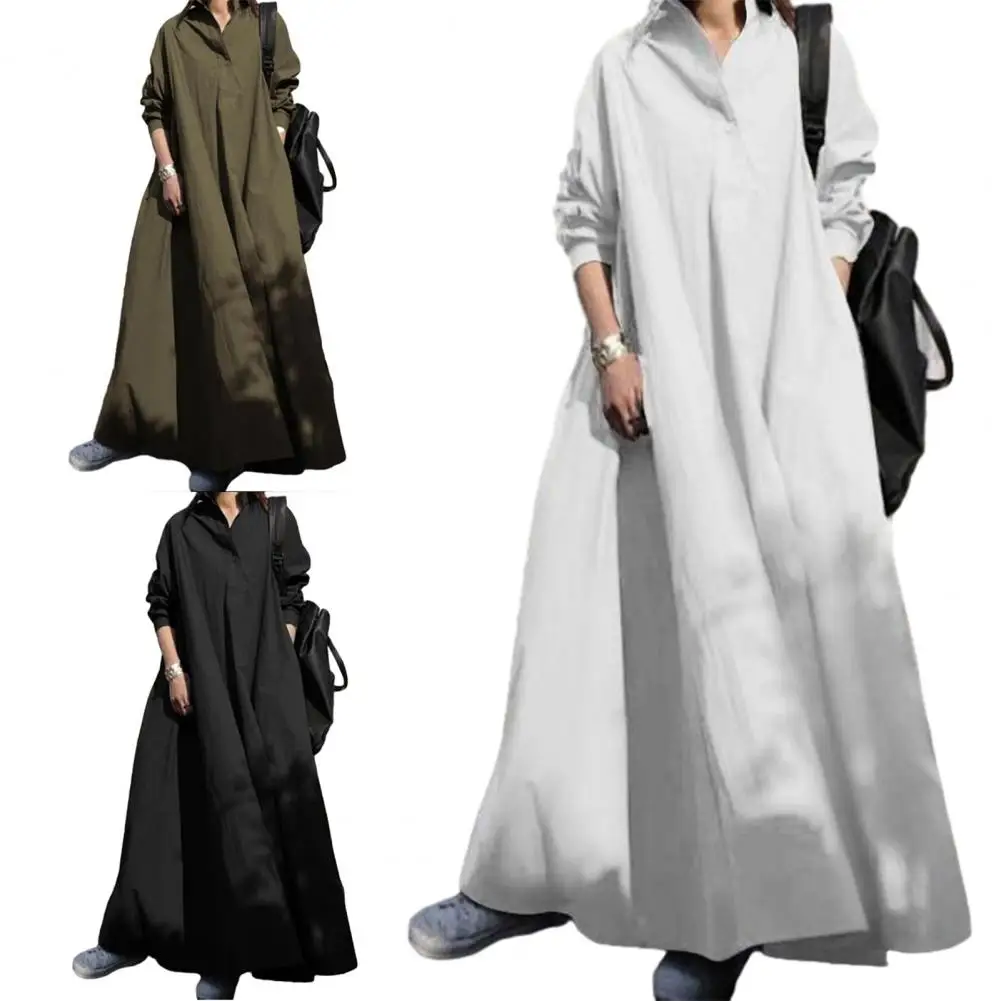 

Женское однотонное платье-рубашка с V-образным вырезом и длинным рукавом