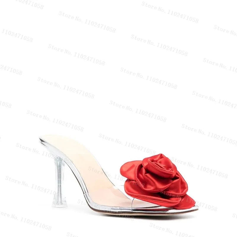 Red Rose Flowers Transparent Pvc Glass Slipper Round Toe Thin Heels Women Summer Sandals Fashion Ladies Party Dress Hight Heels