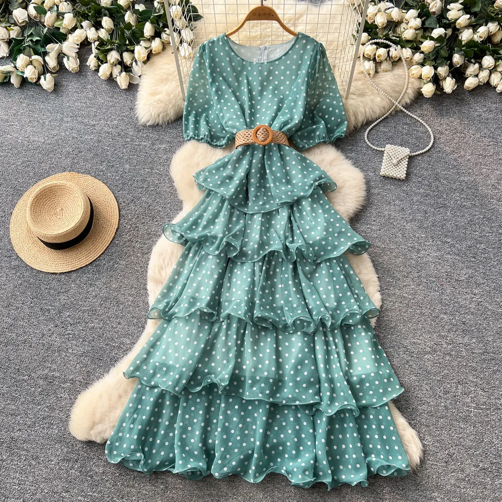 Фото Женское длинное платье Cake Dress, А-силуэт, Y2K, уличный стиль, с круглым вырезом, коротким рукавом, принтом в горошек, элегантное, для вечеринок, ночных мероприятий, работы, 2026 №1