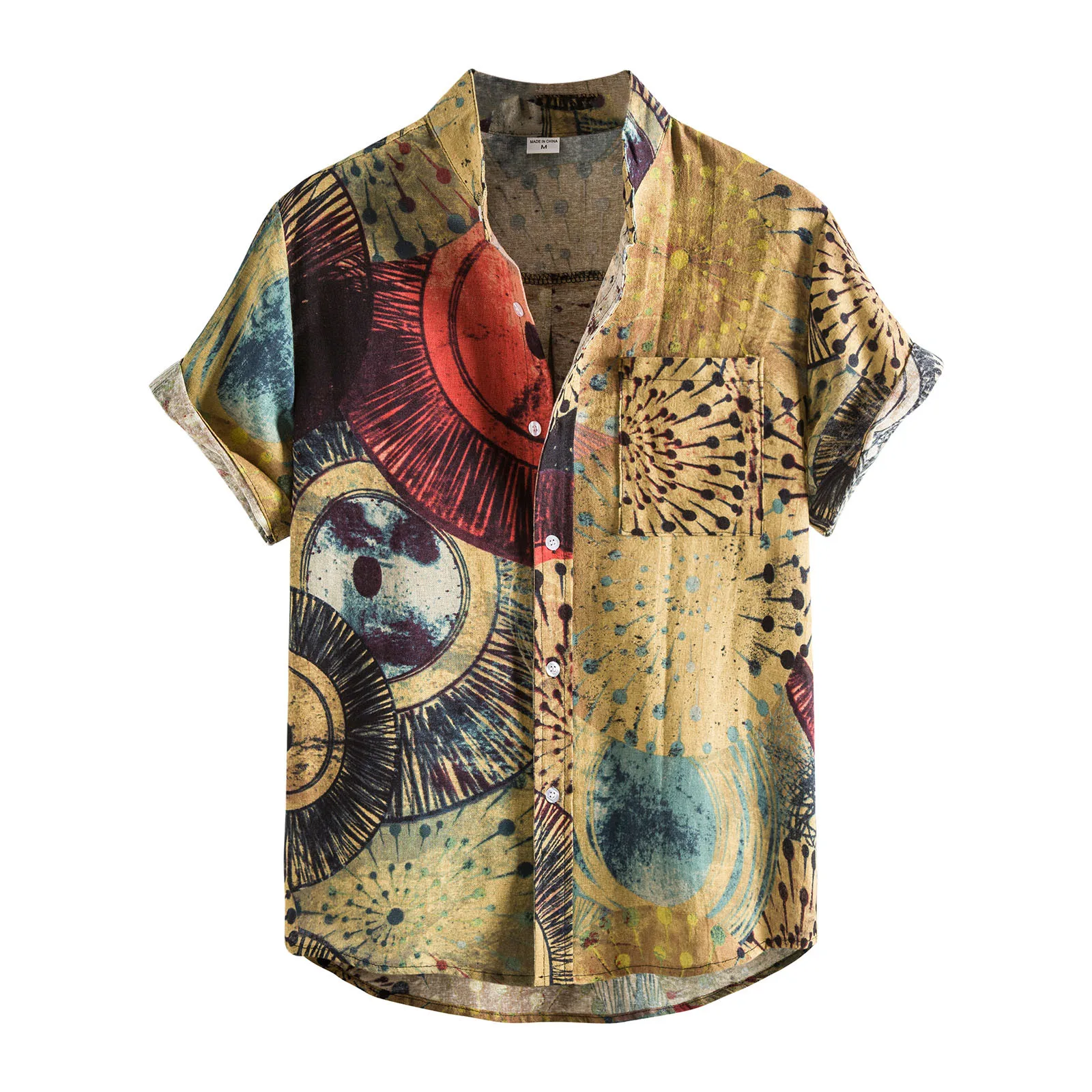 

Cotton And Men's Short-Sleeved Spring Linen Stand-up Printed Collar Shirts Men Shirts Striped Long Sleeve Shirt Men
