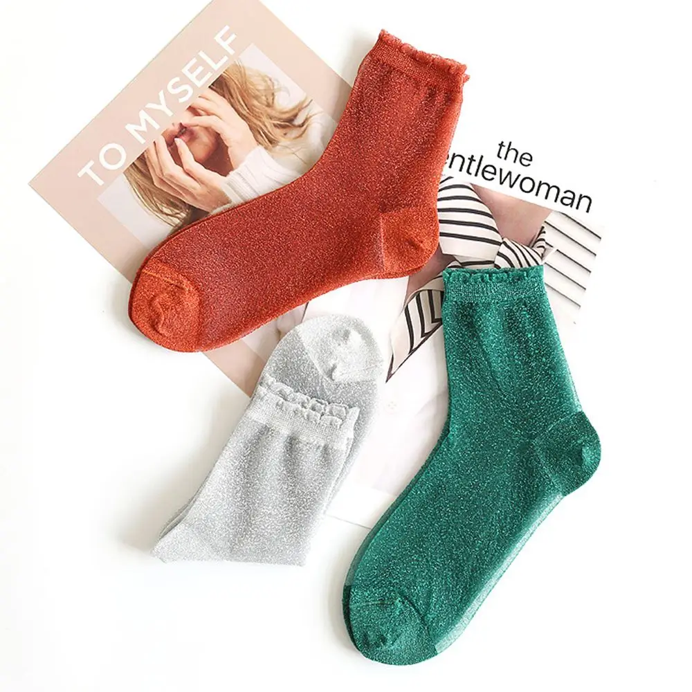 Women Shiny Socks Trendy Fashion Girls Glitter Short Socks Spring Summer Thin Gauze Transparent Lady Sox Soft Comfortable