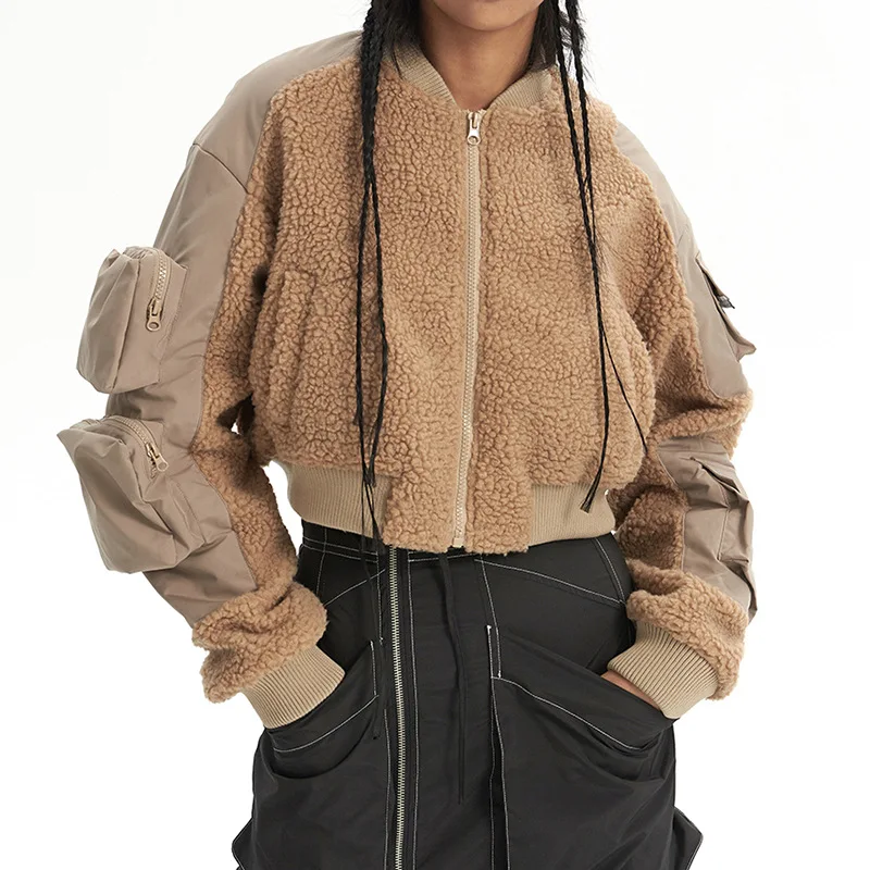 

2023 Autumn/Winter Fashion Flight Jacket Coat Winter New Lamb Wool Panel Multi Pocket Short Style Zipper Y2K Top Women