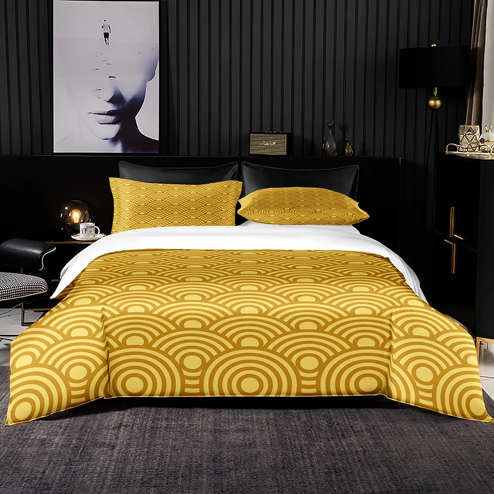 Light Yellow Bedding Set Blue Sharp Corners Pattern Duvet Cover Bedclothes 2/3pcs Premium for King Queen Full Size Bedroom |
