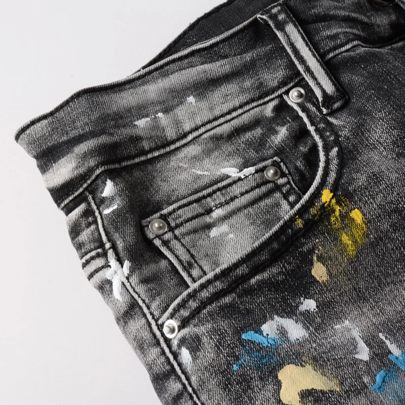 High Street Fashion Men Jeans Retro Black Gray Stretch Skinny Fit Ripped Jeans Men Painted Designer Hip Hop Brand Pants Hombre