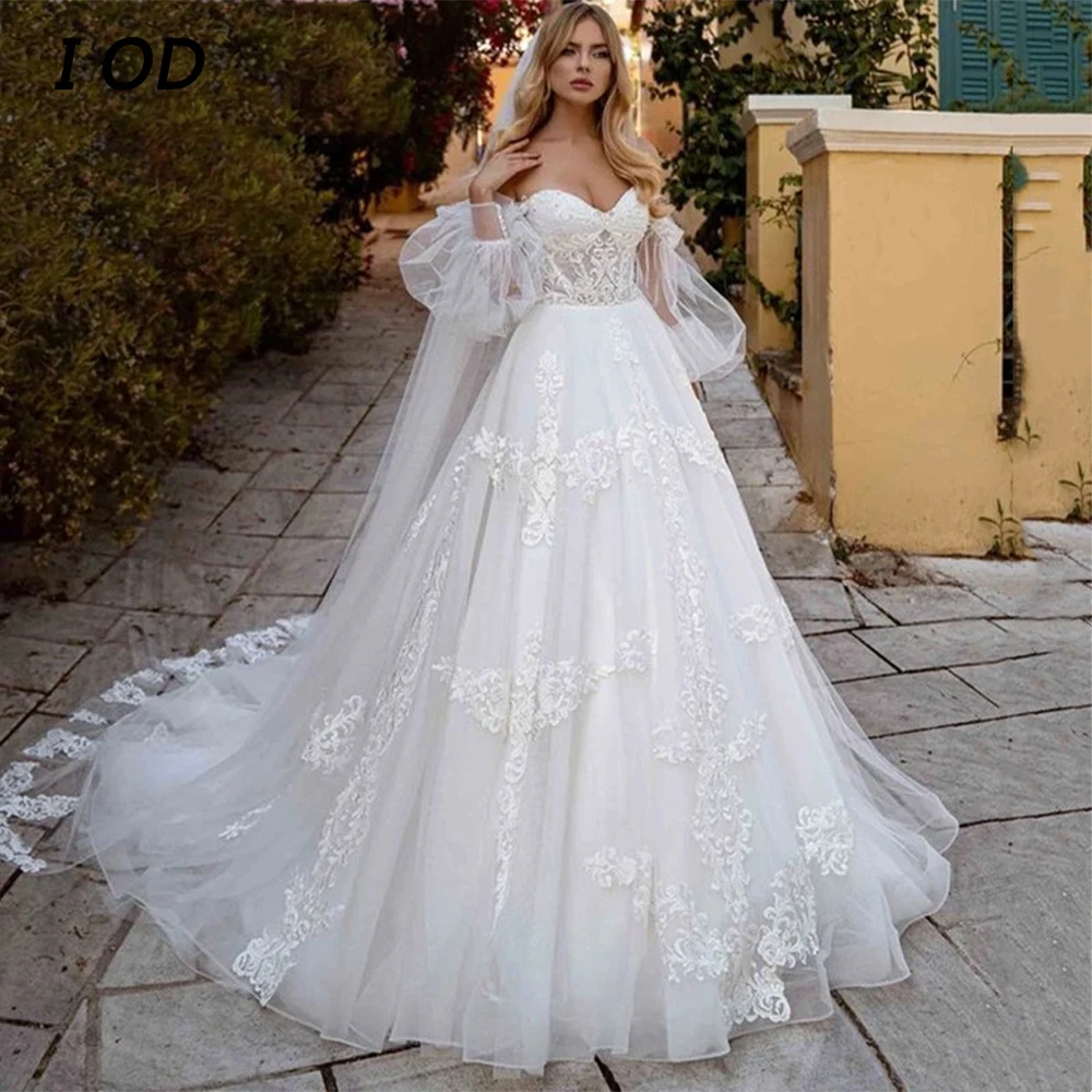 

Женское платье с пышными рукавами I OD, Элегантное свадебное платье до пола со шнуровкой сзади, бальное платье для невесты
