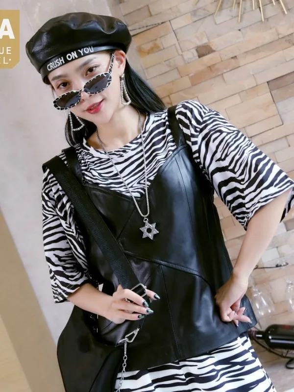 

Sheepskin Genuine Leather Vest 100% Women Straps Tops Ladies Casual Waistcoat Streetwear Sleeveless Outerwear New Designer Vests