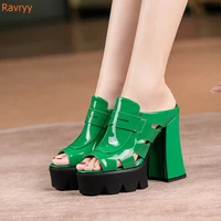 round toe chunky heel platform sandals slip on patent leather hollow women high heel slides peep toe summer outdoor sandal shoes