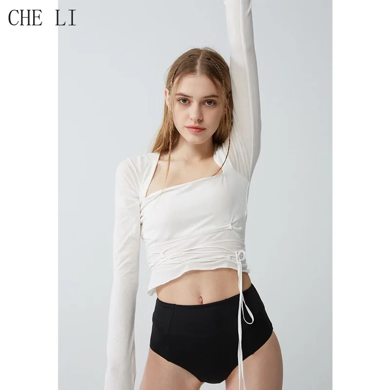 

2022 Spring and Autumn Style Niche Square Neck Bandage Long-sleeved T-shirt Women Y2k Design Sense Hot Girl Thin Bottoming Top