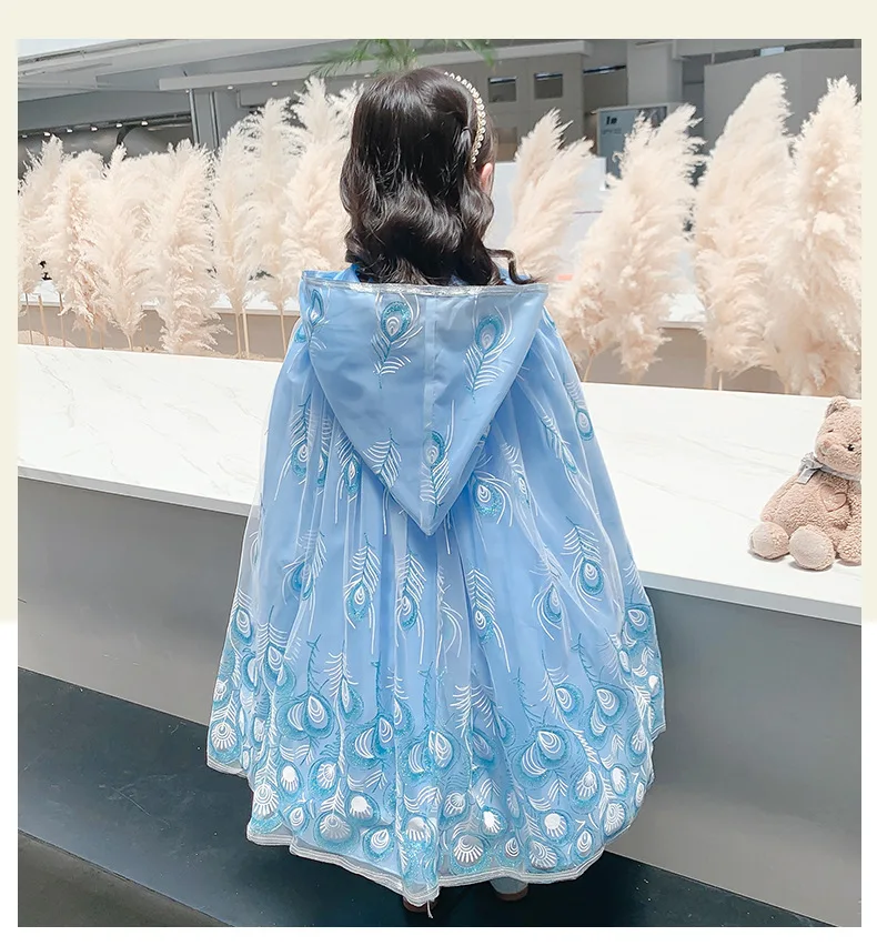 

Peacock Princess Hooded Cloaks Party Costume Tulle Cape Halloween Dress Up Mantle for Performance Outer Girl's Cosplay Shawl