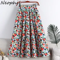 neophil 2022 summer women pleated long skirts vintage high waist faldas larga elastic floral printed skirt with pockets s220405