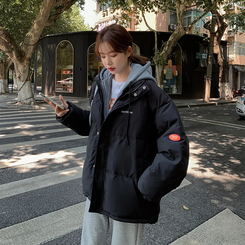 2022 Winter Down Cotton Jacket Women's New Thickened Korean Fake Two Piece Loose Hooded Coat Cotton Padded Jacket