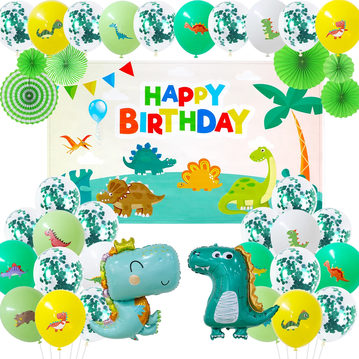 

SURSURPIRSE Dinosaur Theme Balloons Set Happy Birthday Poster Foil Balloon Green Paper Fan for Kids Birthday Decoration Supplies